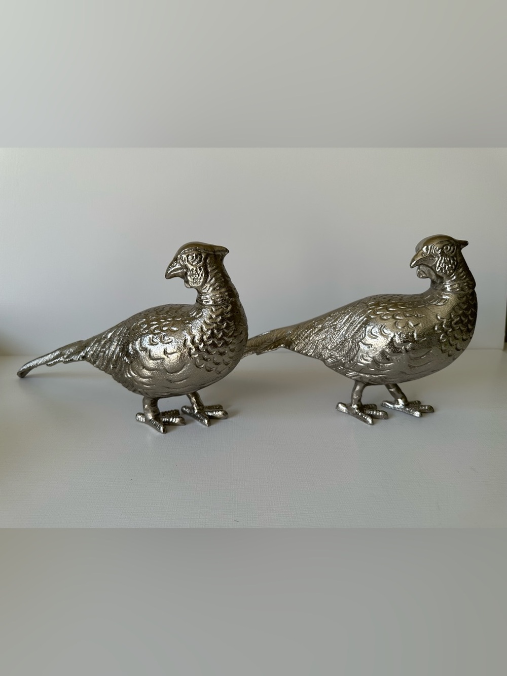 Pair of Aluminum Silver Pheasant Figurines